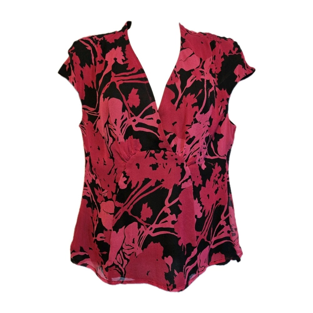 Alfani Women Blouse Top 8P 100% Silk Cap Sleeve Babydoll Y2K Floral Pink &Black